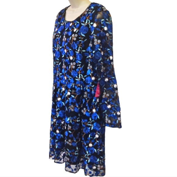 Belle Badgley Mischka Blue/Black Floral MultiColor Embroidered Dress,Size 14,NWT - Picture 3 of 15